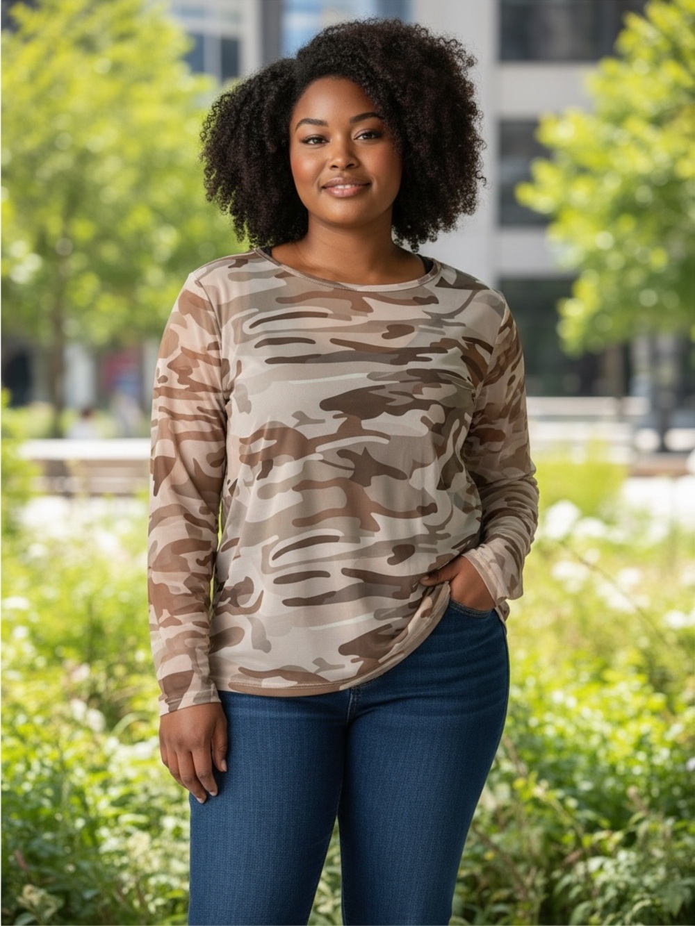 Long-Sleeve Mesh Beige Camo Print Women's Top
